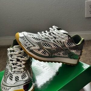 Bottega Veneta Metallic Silver and Olive Green Sneakers